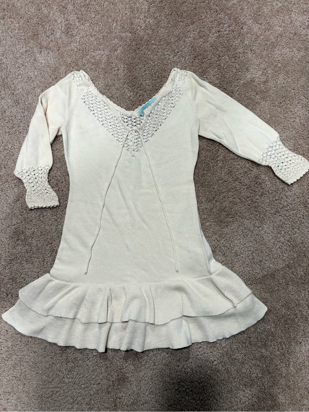 Cream Knit Ruffle-Hem Kids Dress with Crochet Details - Picture 1 of 5